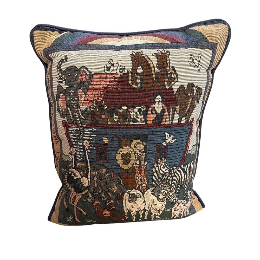 Vintage Noah’s Ark Tapestry Pillow Animal Scene Decorative Cushion